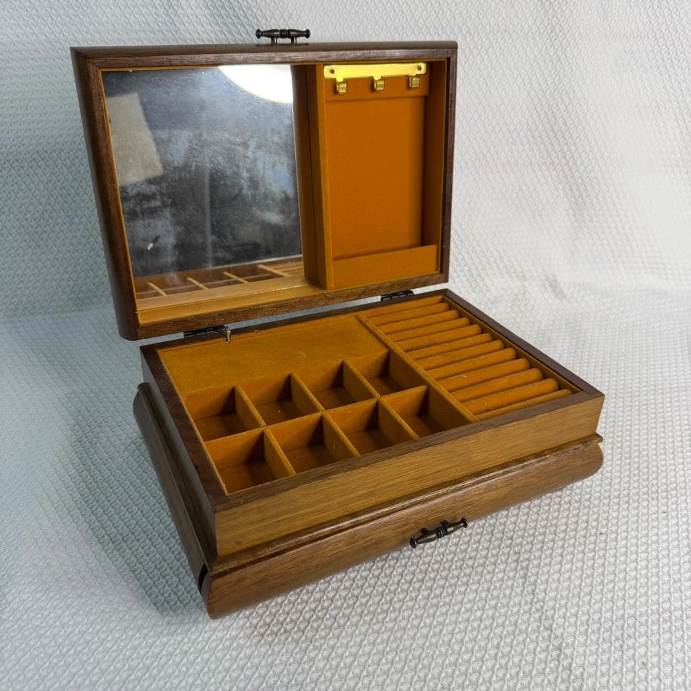 London Leather VTG Wooden Musical Jewelry Box Mirror Drawer Mid-Century WORKS
